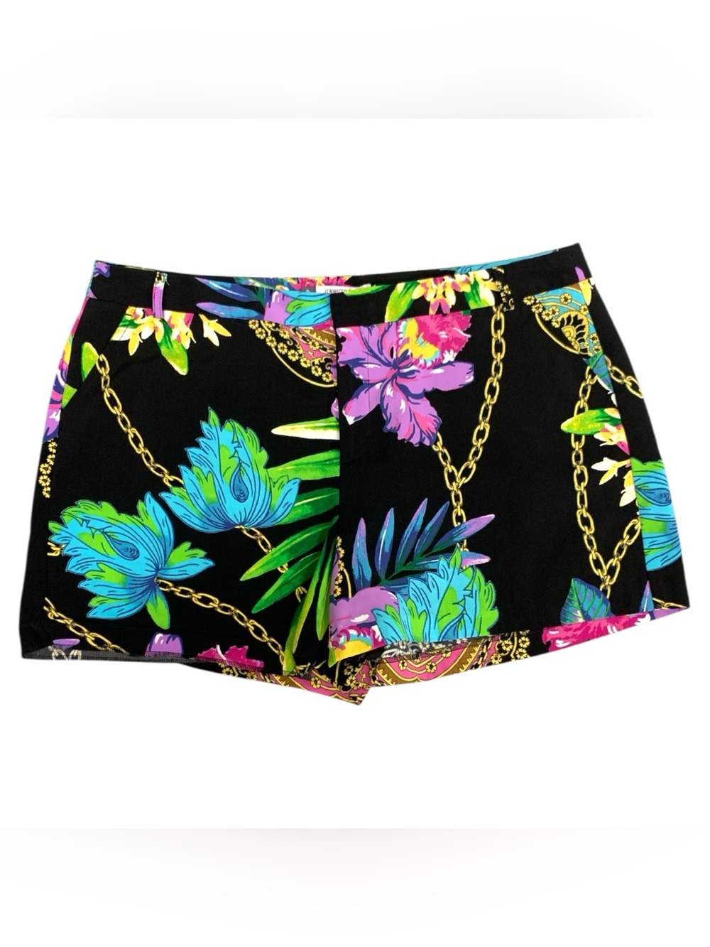 Jennifer Lopez Black High-Waist Floral & Chain Print Shorts Size Xl